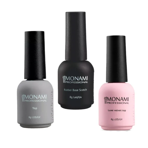 Набор MONAMI 3 в 1 (Топ Luxe Velvet 8 г, База Rubber SCOTCH 8 г, Топ Super Shine no cleance 8 г) 2